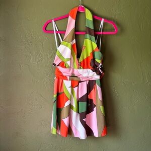 Y2K Retro L’DeROK Silk Halter Mini Dress Multicolor Geometric Print, Size XS NWT